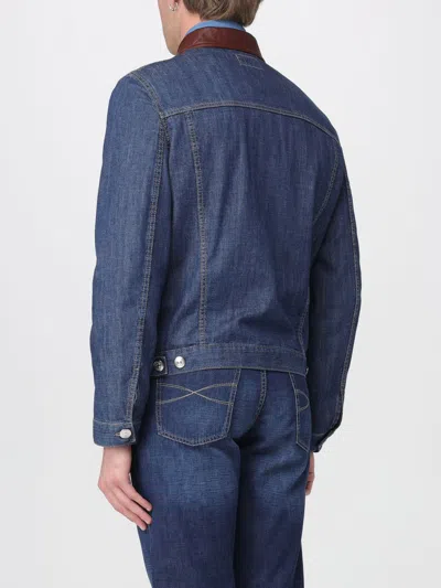 Brunello Cucinelli Men Lightweight Denim Jacket With Leather Collar In Animal Print