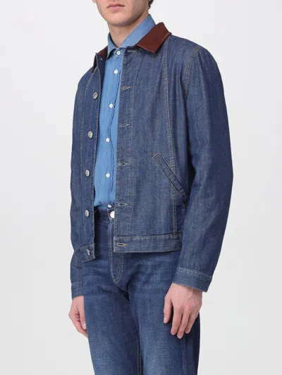 Brunello Cucinelli Men Lightweight Denim Jacket With Leather Collar In Animal Print