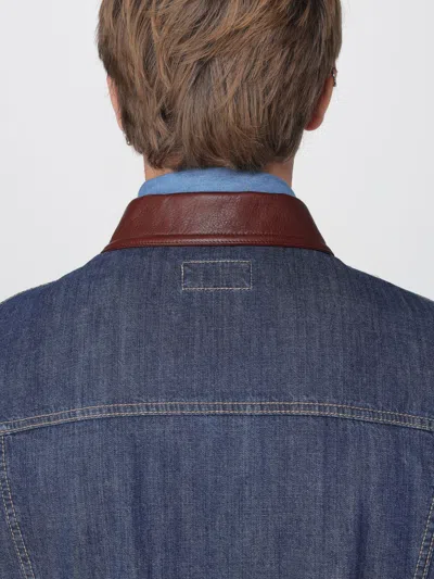 Brunello Cucinelli Men Lightweight Denim Jacket With Leather Collar In Animal Print