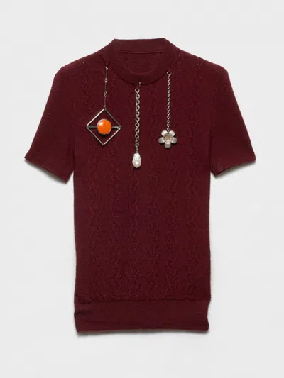 Prada Openwork Motif Wool Sweater With Pendants Clothing In Brown