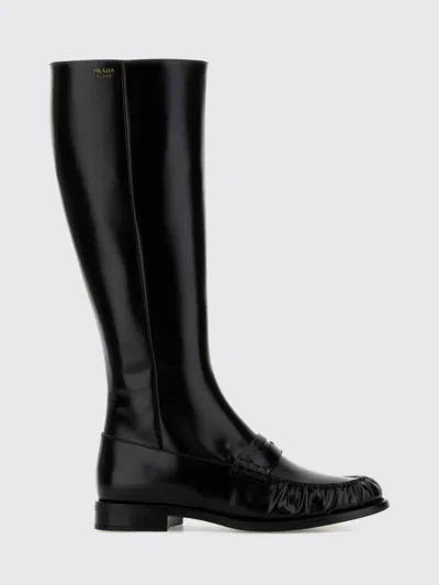 Prada Knee-high Leather Boots Glossy Finish In Black
