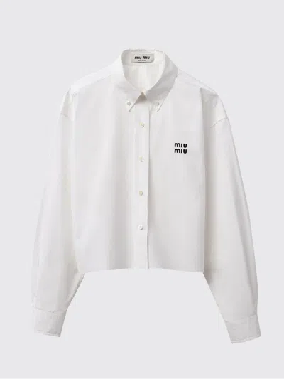 Miu Miu Cropped Long Sleeve Shirt With Point Collar In White