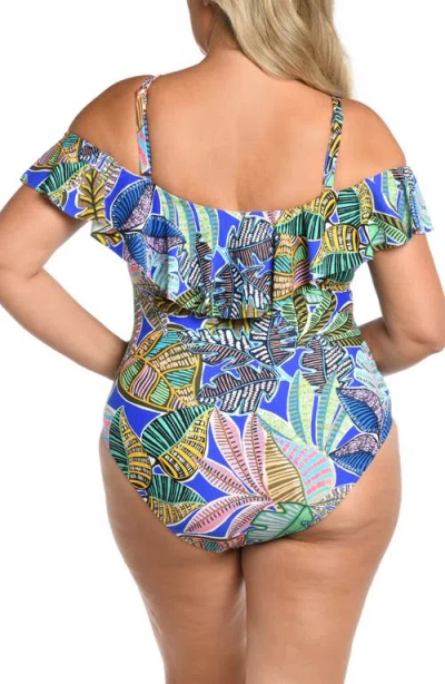 La Blanca Neon Ruffle Off The Shoulder One-piece Swimsuit In Blue