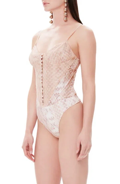 Afrm Mesh & Lace Sleeveless Thong Bodysuit In Neutral