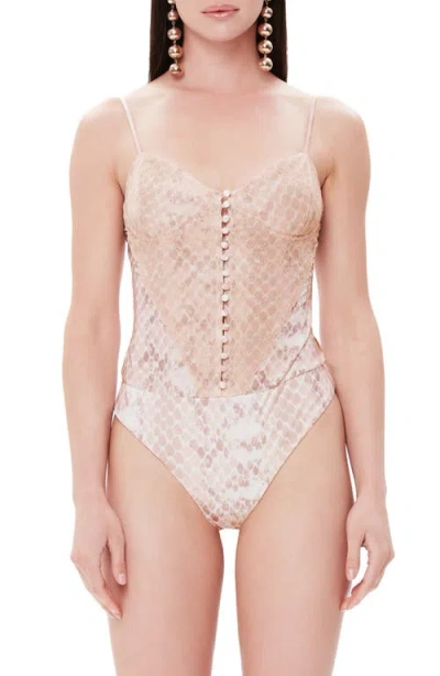 Afrm Mesh & Lace Sleeveless Thong Bodysuit In Neutral
