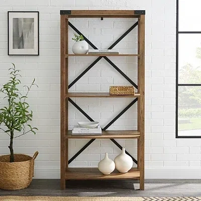 Kirkland's Rustic Oak Metal X Frame Back Bookshelf In Brown