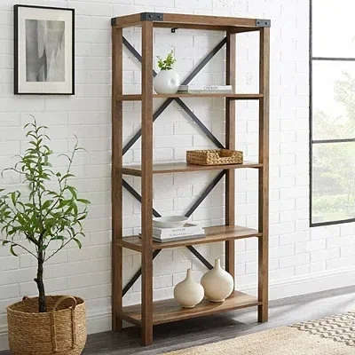 Kirkland's Rustic Oak Metal X Frame Back Bookshelf In Brown