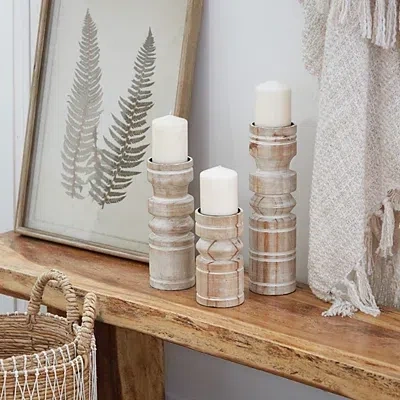 Kirkland's Washed Wood Column Candle Holders In Brown