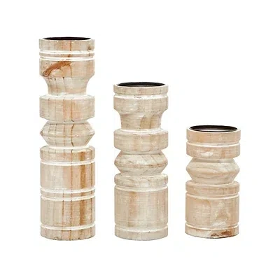 Kirkland's Washed Wood Column Candle Holders In Brown