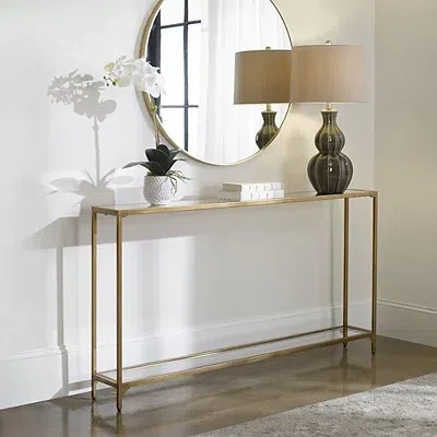 Kirkland's Warm Golden Mirrored Top Console Table In Gold