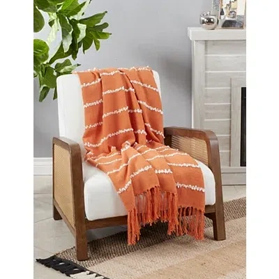Kirkland's White Striped Fringe Throw Blanket In Orange