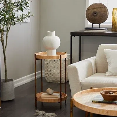 Kirkland's Round Brown Rattan 2-tier Side Table In Brown