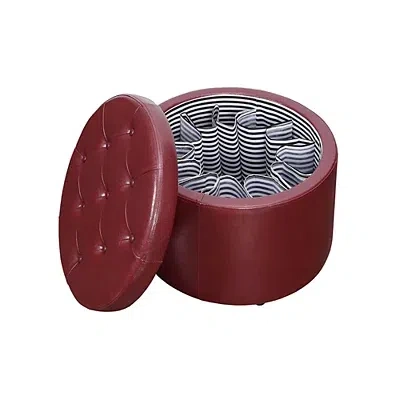 Kirkland's Faux Leather Round Shoe Storage Ottoman In Burgundy