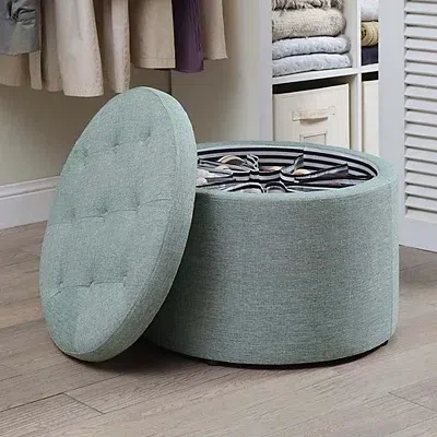 Kirkland's Upholstered Round Shoe Storage Ottoman In Blue