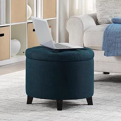 Kirkland's Upholstered Eliza Round Storage Ottoman In Blue