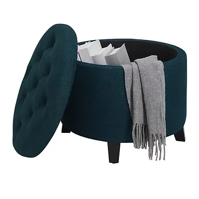 Kirkland's Upholstered Eliza Round Storage Ottoman In Blue