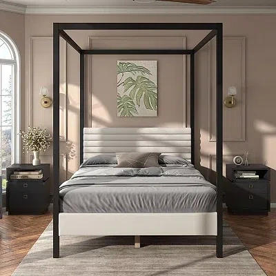 Kirkland's Boucle Upholstered Black Canopy Queen Bed In Black