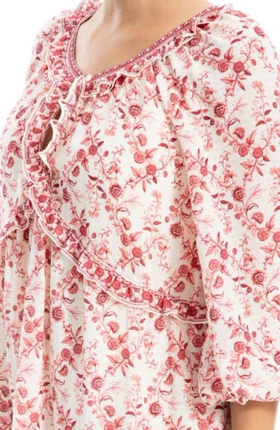 Max Studio Floral Three-quarter Sleeve Keyhole Minidress In Pink