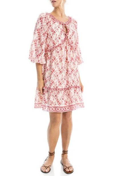 Max Studio Floral Three-quarter Sleeve Keyhole Minidress In Pink