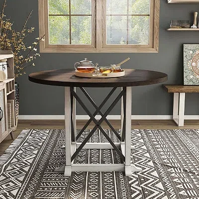 Kirkland's Rustic White & Oak Wood Round Dining Table In Multi