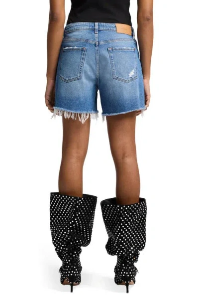 Seven Monroe High Waist Long Cutoff Denim Shorts In Blue