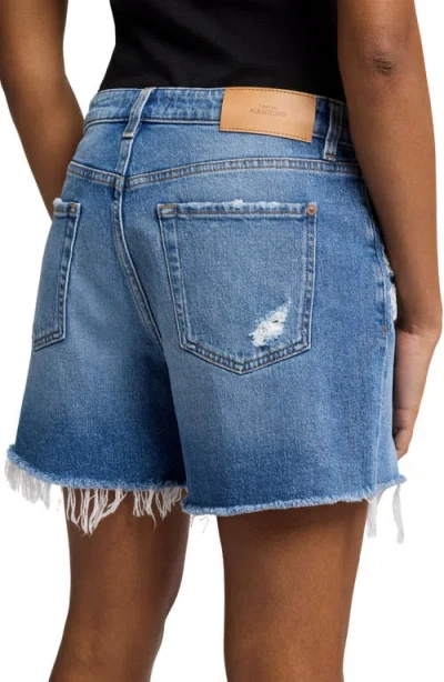 Seven Monroe High Waist Long Cutoff Denim Shorts In Blue