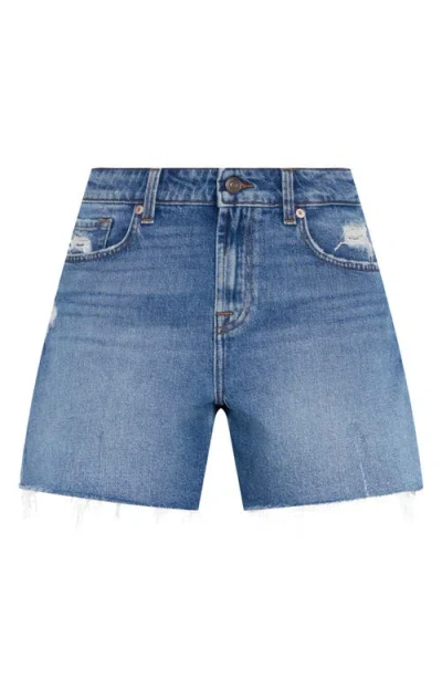 Seven Monroe High Waist Long Cutoff Denim Shorts In Blue