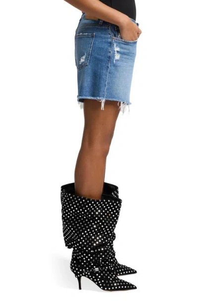 Seven Monroe High Waist Long Cutoff Denim Shorts In Blue