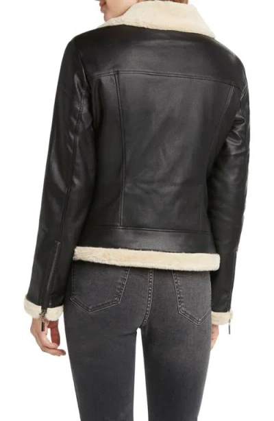 Matty M . Faux Fur Lined Faux Leather Moto Jacket In Black