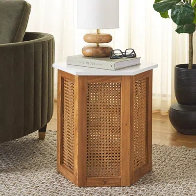 Kirkland's Rattan And Faux Marble Sophie Accent Table In Brown