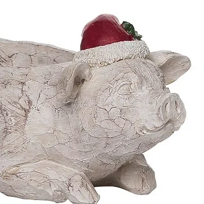 Kirkland's Pig With Christmas Hat Decorative Bowl In Gray