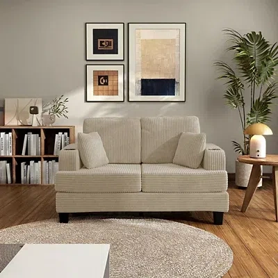 Kirkland's Kasin Beige Chenille Loveseat With Cup Holders In Neutral