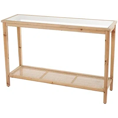 Kirkland's Wood Glass Top Console Table With Rattan Shelf In Brown