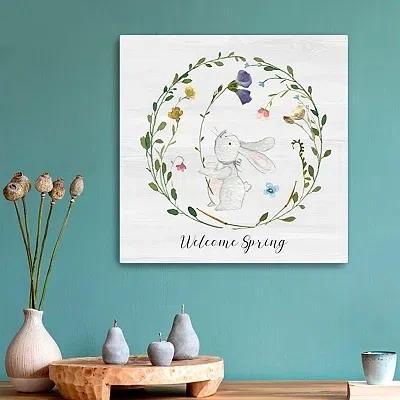 Kirkland's Welcome Spring Bunny Wreath Canvas Art Print In Multi
