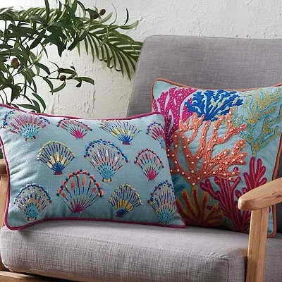 Kirkland's Embroidered Tropical Shells Lumbar Pillow