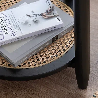 Kirkland's Wood And Rattan Boho Accent Table In Black