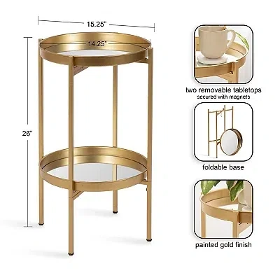 Kirkland's Round Gold Mirrored Foldable Accent Table In Gold