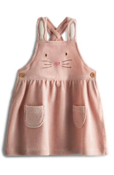 Jojo Maman Bébé Jojo Maman Bebe Long Sleeve Pointelle Knit Bodysuit & Bunny Corduroy Pinafore Dress Set In Pink