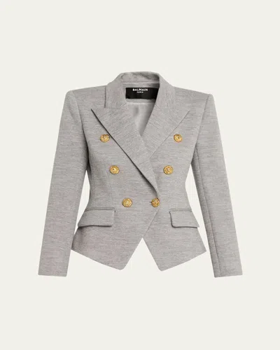 Balmain Wool-blend Jersey Double-breasted Blazer In Gray