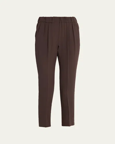 Brunello Cucinelli Silk Crepe Cady Straight-leg Ankle Pull-on Pants In Brown