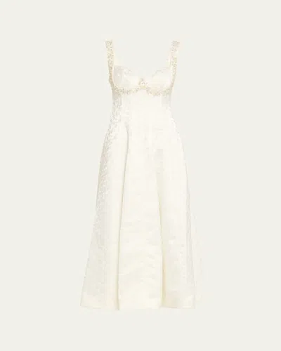 Simkhai Charlotte Embellished Pleated Satin-jacquard Midi Dress In White
