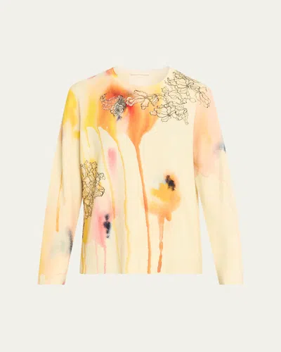 Jason Wu Collection Watercolor Floral Lace Applique Wool Sweater In Yellow