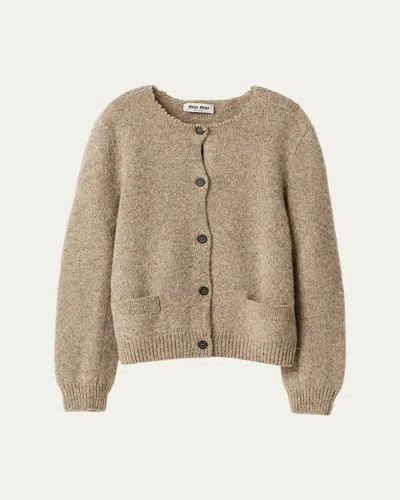 Miu Miu Raw-edge Crewneck Wool Cardigan In Neutral