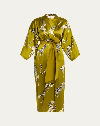 Olivia Von Halle Queenie Leopard-print Silk Satin Robe In Green