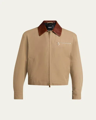 Versace Beige Jacket With Leather Collar And Metallic Medusa Head Detail In Cotton Canvas Man In Brown