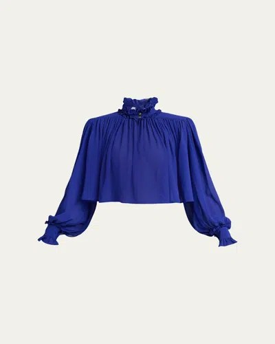 Chloé Ruffle Collar Organic Silk Georgette Crop Blouse In Blue