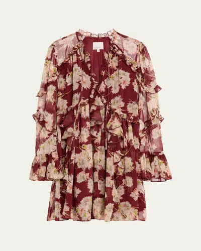 Cinq À Sept Mae Floral Print Ruffle Long Sleeve Chiffon Minidress In Gold