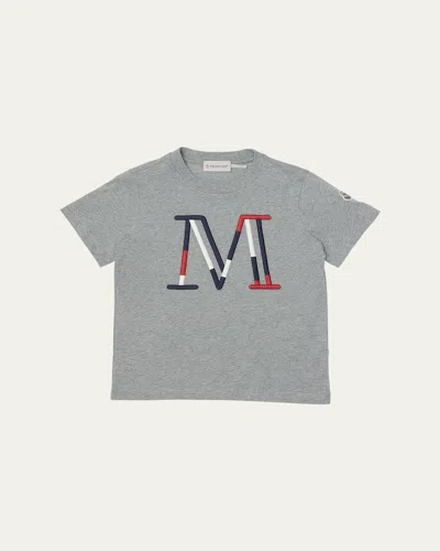 Moncler Boy's Tricolor M Logo Embroidery Short-sleeve T-shirt In Gray