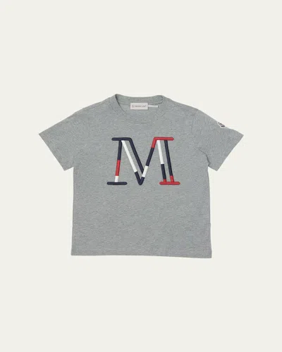Moncler Boy's Tricolor M Logo Embroidery Short-sleeve T-shirt In Gray