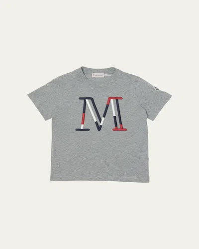 Moncler Boy's Tricolor M Logo Embroidery Short-sleeve T-shirt In Gray